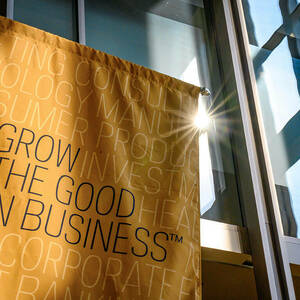 Gold banner with the text Grow the good in business