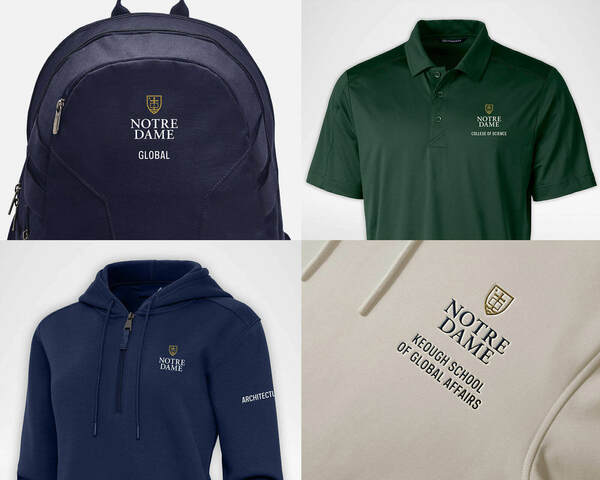 Approved Notre Dame subbranding lockup on a variety of apparel/merchandise.